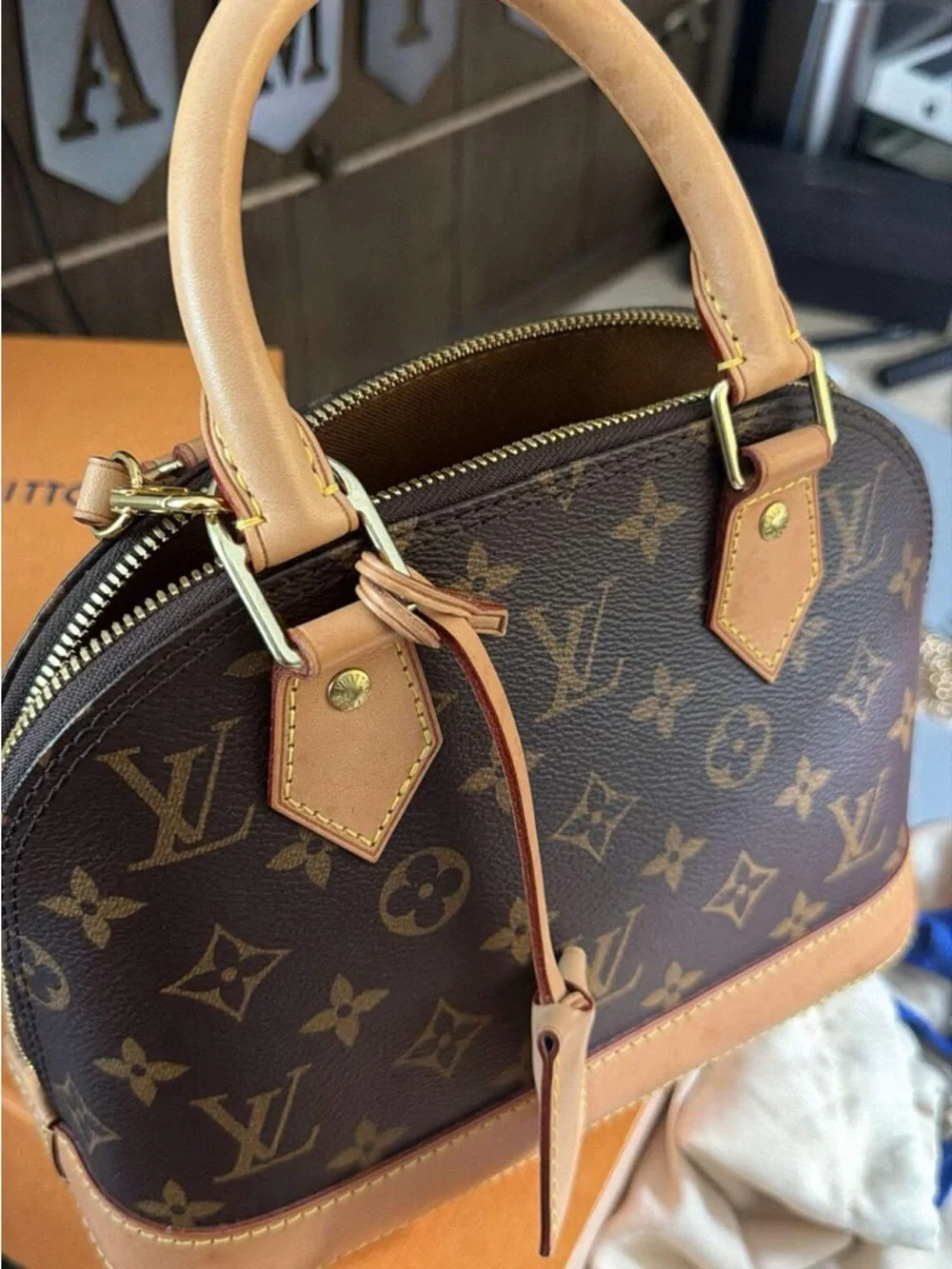Louis Vuitton Brown Monogram Mini Alma Satchel with Tan Trim